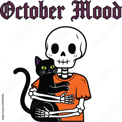 Vector of vector art of skeleton hugging black cat october mood