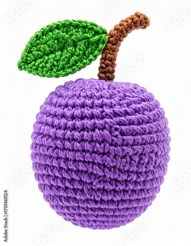 Crocheted Purple Plum with Green Leaf and Brown Stem on White Backdrop