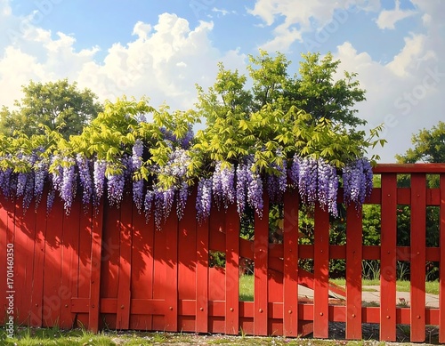 A vibrant display of wisteria cascades over a bright red wooden fence, bathed in sunlight under a partly cloudy sky.