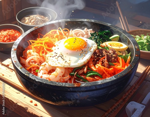 A vibrant and colorful bibimbap dish, featuring a fried egg, shrimp, vegetables, and noodles, is presented in a large stone bowl, bathed in sunlight.