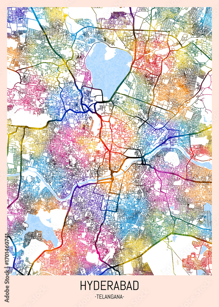 Obraz premium Hyderabad Telangana Map. city background, abstract city printable, city travel, city banner, modern city, city background, abstract watercolor, abstract paint, urban background