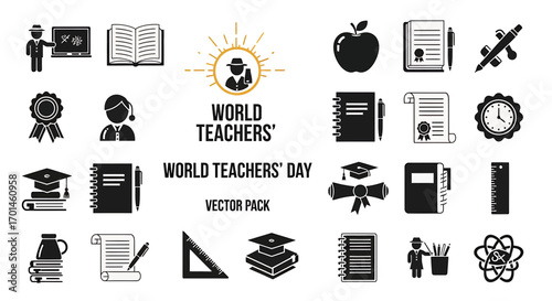 A collection of black and white vector illustrations related to world teachers day, featuring teachers, books, apples, certificates, and other educational symbols