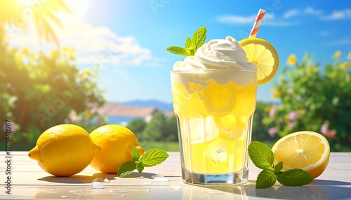 Refreshing lemonade beverage with whipped cream, lemons, and mint in a glass on a bright summer day.