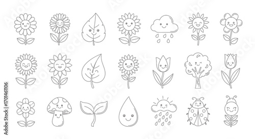 A delightful collection of handdrawn nature icons, featuring smiling flowers, leaves, and rain clouds, these charming illustrations bring a touch of whimsy to any project