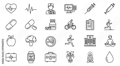 A comprehensive set of line icons representing health, fitness, and wellness concepts for digital and print media applications