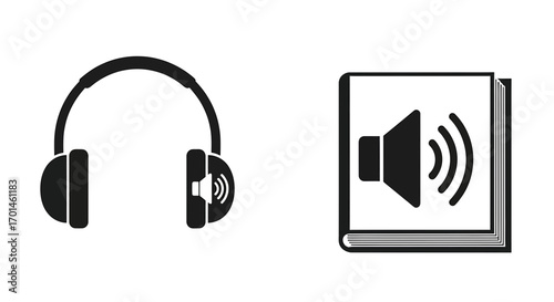 Black and white icon featuring a pair of headphones and a book with a speaker symbol, representing audiobooks and listening to literature