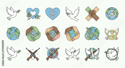 Collection of peace symbols featuring a dove with an olive branch, a heart with a peace sign, hands joined in unity, and a globe with a peace symbol, conveying a message of harmony and nonviolence