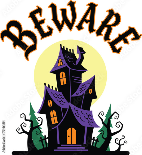 Vector of vector art of beware haunted house with moon