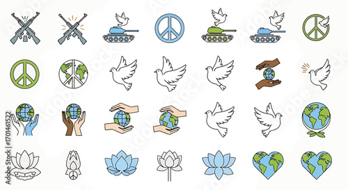 A set of colorful icons and line art illustrations symbolizing peace, including doves, peace signs, globes, and hands, representing harmony and nonviolence