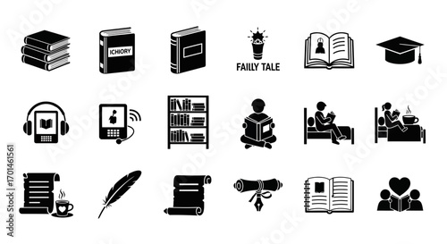 A collection of black and white vector icons representing various aspects of reading and books, including stacks of books, open books, ereaders, audiobooks, and people reading in different settings