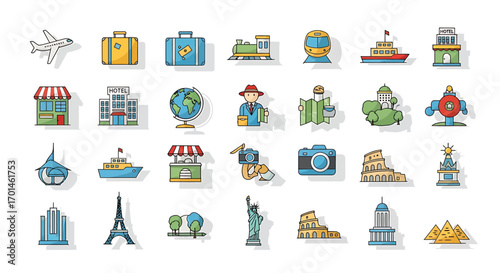 Icon set showcasing travel and tourism, with illustrations of airplanes, suitcases, trains, ships, control towers, shops, buildings, globes, tourists, maps, landmarks, cameras, and famous monuments