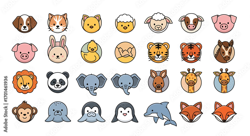 Obraz premium Cute animal faces cartoon set collection of vector illustrations of various animal heads, including dog, cat, sheep, pig, tiger, lion, panda, elephant, giraffe, monkey, penguin, dolphin, and fox
