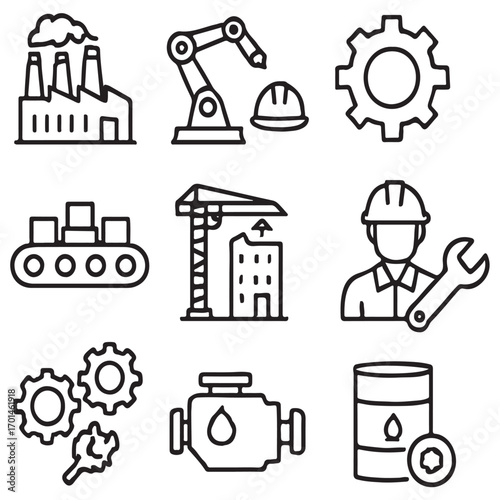 Industry line icon set. Featuring production, manufacturing, construction, engineering, industrial, engine vector
