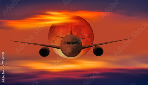 Fototapeta Naklejka Na Ścianę i Meble -  Passenger airplane flying over sea with lunar eclipse at sunset