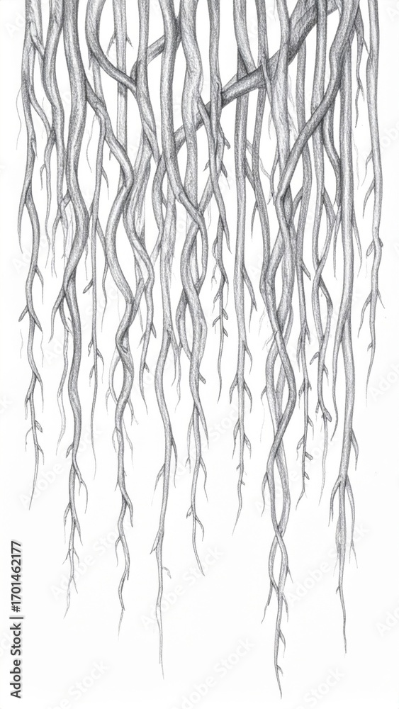 Fototapeta premium Detailed Ink Drawing of Intertwined Hanging Tree Roots Against White Background with Natural Light