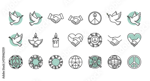 A collection of peace and unity icons in black and white, featuring doves, handshakes, peace symbols, and globes, , perfect for promoting harmony and understanding