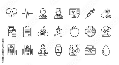 Comprehensive collection of thin line icons representing healthcare, medicine, and a healthy lifestyle for web and mobile design