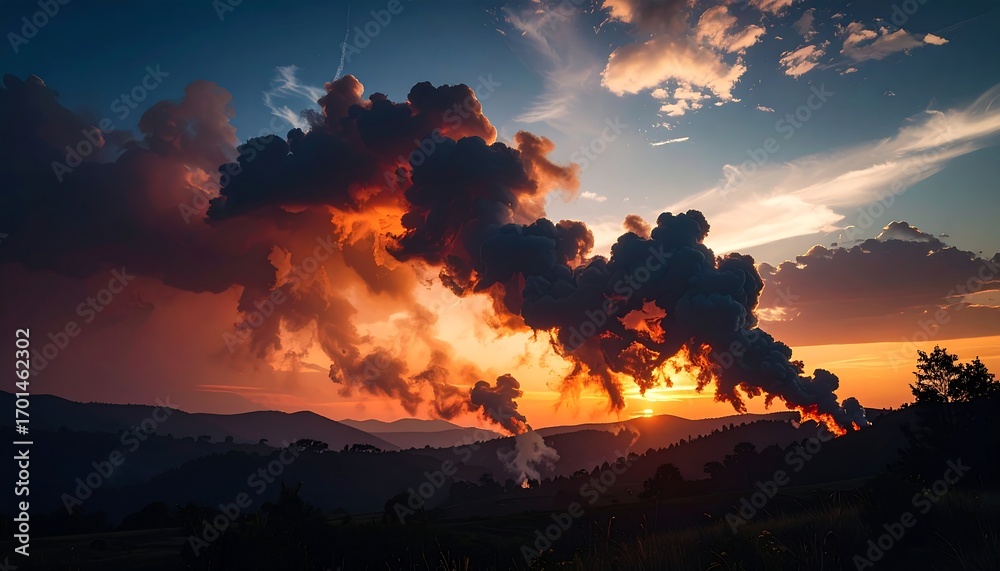 Fototapeta premium Dramatic sunset scene with thick, dark plumes billowing over rolling hills; golden sunlight pierces the clouds