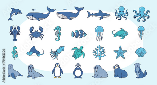 Marine life icon set collection of sea animals icons such as dolphin, whale, shark, octopus, lobster, crab, seahorse, fish, jellyfish, turtle, coral, starfish and more
