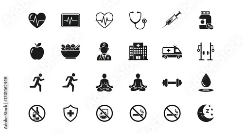 Collection of health and wellness icons, featuring symbols related to heart health, healthy eating, exercise, mental wellbeing, and medical care, promoting a balanced and healthy lifestyle