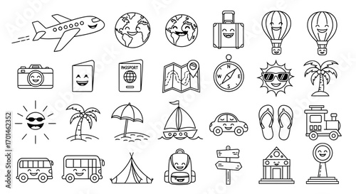 Collection of travel and vacation icons, featuring symbols related to transportation, destinations, activities, and essential travel items, perfect for illustrating travel plans and adventures