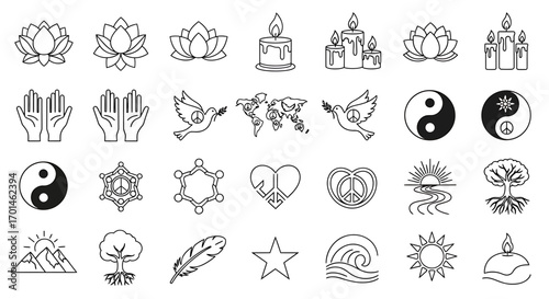 Set of peace and meditation icons contains lotus, candle, hand, dove, world, yin yang, heart, sunrise, tree, feather, star, wave, sun, hope, love, harmony, balance, tranquility, nature