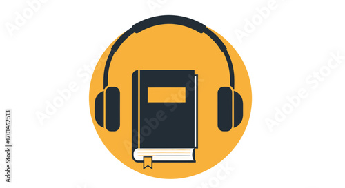 Audiobook icon a book with headphones, concept of listening to books, audiobooks, online learning, education, elearning, podcast, and distance education vector illustration