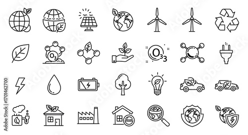 Illustration set of ecology and green energy icons contains icons as earth, solar panel, wind turbine, recycle, leaf, water drop, battery, tree, light bulb, car, factory, house and more