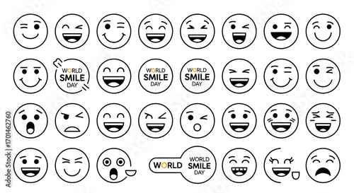 A diverse collection of smiling face icons, each expressing a unique emotion, perfect for illustrating a range of feelings and reactions in digital communication and design