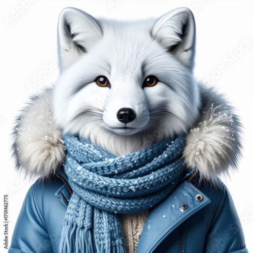 Close Up Portrait of Arctic Fox with Winter Outfit in White Background