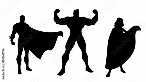 Three superhero silhouettes in dynamic poses with capes and muscular build against white background