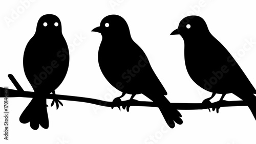 Three black birds perched on a branch in silhouette against a white background in a simple vector style