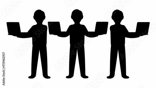 Three silhouetted figures holding laptops with outstretched arms in a symmetrical arrangement view front