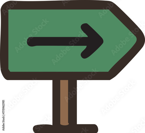 Green directional sign with right arrow. Simple, doodle style.