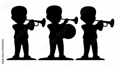 Three silhouettes of cartoon boys playing musical instruments including trumpets and a drum in black