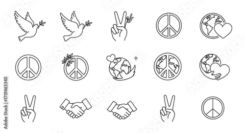A collection of peace and harmony icons, featuring doves carrying olive branches, peace signs, hand gestures, and earth with hearts, symbolizing global unity, love, and nonviolence