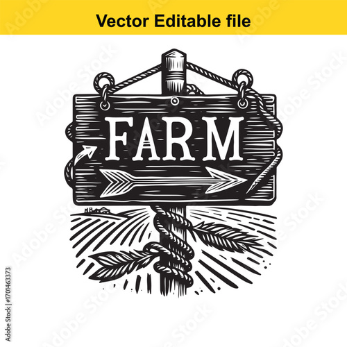 Farm sign with arrow pointing right, isolated on white background
