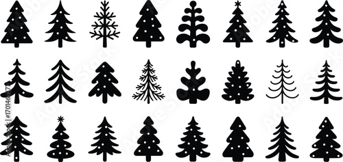 Christmas tree silhouette, pine icons, holiday decoration, winter season symbols, festive evergreen shapes, Xmas clipart, nature design, celebration element, forest vector