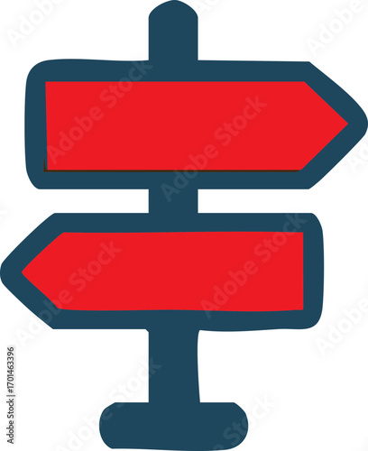 Stylized signpost with red arrows, choice, direction.