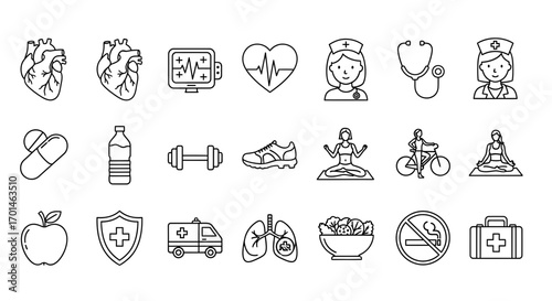 Collection of health and wellness icons featuring heart, monitor, nurse, stethoscope, pills, water, dumbbell, shoe, yoga, bicycle, apple, shield, ambulance, lungs, salad, no smoking, and first aid kit