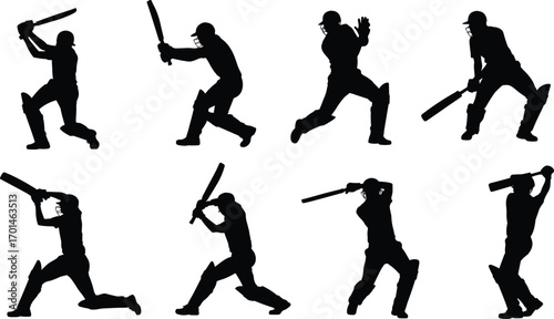 Cricket player silhouette, batsman action vector, sportsman hitting ball, cricket match illustration, athletic figure design, sport competition, batting pose