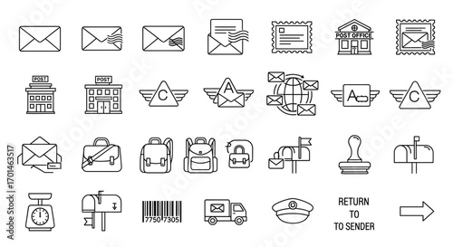 Set of Mail and Shipping Icons Envelopes, Mailboxes, Postal Workers, Trucks, Packages, and More