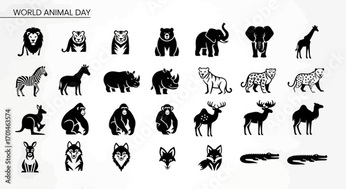 A diverse collection of animal silhouettes, , showcases a variety of wildlife, from majestic lions and playful bears to towering elephants and graceful giraffes, perfect for naturethemed designs