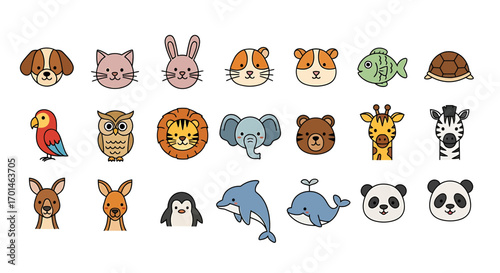 A delightful array of animal icons, featuring a charming assortment of creatures from dogs and cats to lions and elephants, perfect for adding a touch of whimsy to any project