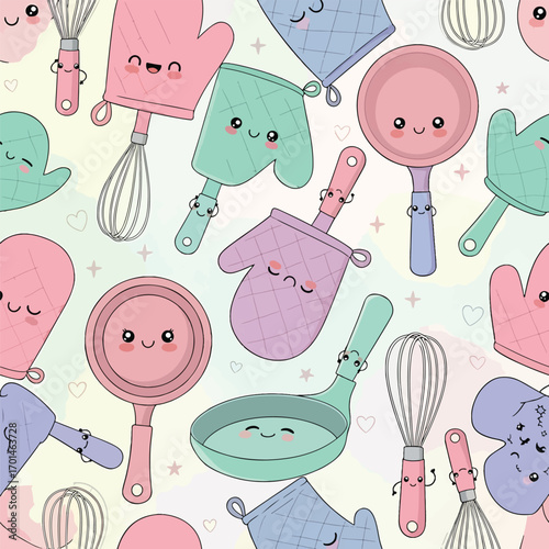 Cute kitchen utensils pattern featuring kawaii style oven mitts and whisks, patern seamless, Stock royalty.