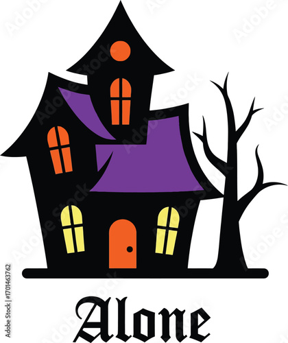 Vector of vector art of haunted house with the word alone