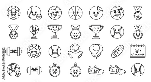 Collection of sports icons with cute faces includes balls, medals, trophies, dumbbells, headphones, calendar, shoes, and stopwatch, all with smiling expressions