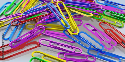Colorful paperclips scattered randomly on a white background, showcasing a variety of bright hues and overlapping arrangements.