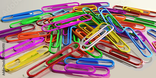 Colorful paperclips scattered randomly on a white background, showcasing a variety of bright hues and overlapping arrangements.