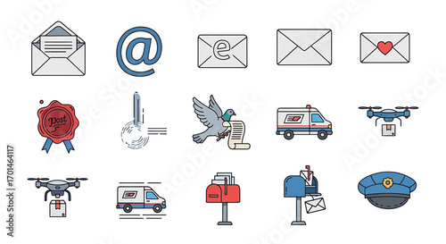 Set of postal service icons, featuring envelope, at symbol, email, letter, seal, globe, pigeon, delivery truck, drone, mailbox, and postman hat, representing communication and shipping